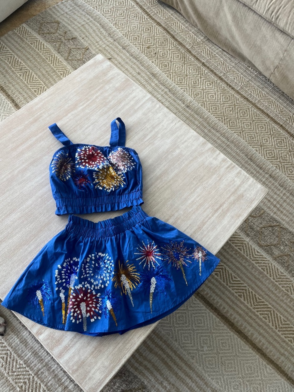 Queen of Sparkles Girls Blue Fireworks Sequin 2-Piece Set XL Crop Top & Skirt